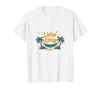 Livin' Easy Tropical Beach Hamaca Vacaciones Camiseta, Hombre, Blanco, M