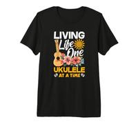 Living Life One Ukelele At A Time Floral Tropical Sunset Camiseta Premium