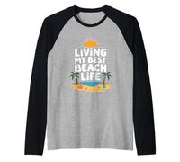 Living My Best Beach Life Fun Retro Atardecer Verano Tropical Camiseta Manga Raglan