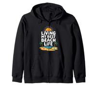 Living My Best Beach Life Fun Retro Atardecer Verano Tropical Sudadera con Capucha