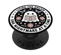 Living The Dream Book Lover Cute Ghost Reading Bookish Black PopSockets PopGrip Adhesivo