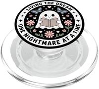 Living The Dream Book Lover Cute Ghost Reading Bookish Black PopSockets PopGrip para MagSafe