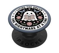 Living The Dream Book Lover Cute Ghost Reading Bookish Blue PopSockets PopGrip Adhesivo