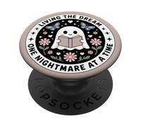 Living The Dream Book Lover Cute Ghost Reading Bookish Brown PopSockets PopGrip Adhesivo