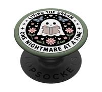 Living The Dream Book Lover Cute Ghost Reading Bookish Green PopSockets PopGrip Adhesivo