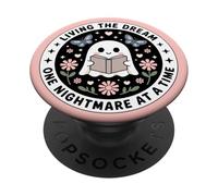 Living The Dream Book Lover Cute Ghost Reading Bookish Pink PopSockets PopGrip Adhesivo