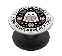 Living The Dream Book Lover Cute Ghost Reading Bookish White PopSockets PopGrip Adhesivo