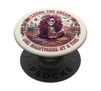 Living The Dream Book Reading Boho Floral Skeleton Bookish PopSockets PopGrip Adhesivo
