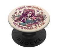Living The Dream Book Reading Boho Floral Skeleton Bookish PopSockets PopGrip Adhesivo