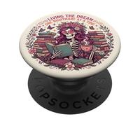 Living The Dream Book Reading Boho Floral Skeleton Bookish PopSockets PopGrip Adhesivo