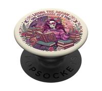 Living The Dream Book Reading Boho Floral Skeleton Bookish PopSockets PopGrip Adhesivo
