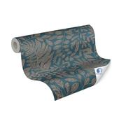 Livingwalls Papel pintado DESIGNDROP – No tejido, hojas petróleo/oro/beige 10,05x0,53 m