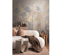 Livingwalls papel pintado mural panorámico tejido no tejido con diseño de bosque en beige, azul, amarillo - papel pintado mural vintage 8,80 m x 0,53 m - colección COSMOPOLITAN - 791447