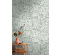 Livingwalls papel pintado mural panorámico tejido no tejido con diseño de hojas de palma en gris, verde - papel pintado mural floral 8,80 m x 0,53 m - colección COSMOPOLITAN - 791456