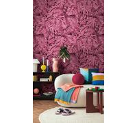 livingwalls papel pintado mural panorámico tejido no tejido con diseño de hojas de palma en rojo, negro, rosa - papel pintado mural floral 8,80 m x 0,53 m - colección COSMOPOLITAN - 791458