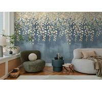 livingwalls papel pintado mural panorámico tejido no tejido con diseño de ramas de hojas en azul, crema, amarillo - papel pintado mural floral 8,80 m x 0,53 m - colección COSMOPOLITAN - 791442
