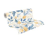 Livingwalls papel pintado no tejido con motivo de flores y hojas en blanco, azul y amarillo - papel pintado floral 10,05 m x 0,53 m diseño de COSMOPOLITAN - 790626