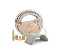 LIVLIG Juego de manguera de jardín de 10 m, juego completo de riego de jardín con manguera de agua de 1/2 pulgadas, soporte de pared de acero y pistola de jardín de latón, juego de manguera con