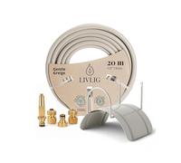 LIVLIG Juego de manguera de jardín de 20 m, juego completo de riego de jardín con manguera de agua de 1/2 pulgadas, soporte de pared de acero y rociador de jardín de latón, juego de manguera con