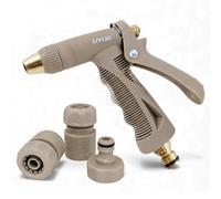 LIVLIG Pistola de riego Premium en set completo - boquilla robusta para limpiar y regar, con conectores 1/2", cuerpo de plástico y latón, control con una mano y bloqueo fijo - Beige (Beige)