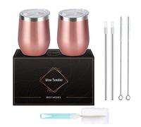 Livole 2 vasos de vino de acero inoxidable 12 oz 350 ml doble pared con tapa y brocha de pajita taza de café de viaje aislada al vacío para café champán copas de vino de acero inoxidable oro rosa