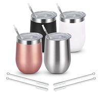 Livole Juego de 4 vasos de vino de acero inoxidable de 12 onzas con pajita de tapa 4 unidades irrompibles de viaje sin tallo taza de café para uso familiar al aire libre de picnic