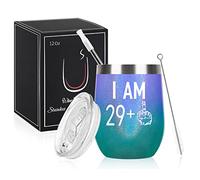 Livole Regalos de 30 cumpleaños para mujeres, vaso de vino 29 Plus con patrón de un dedo, copa de vino de acero inoxidable con doble aislamiento sin tallo con tapa y pajita, regalos para mujeres,