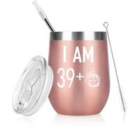 Livole Regalos de 40 cumpleaños para mujeres, vaso de vino 39 más un dedo medio, copa de vino de acero inoxidable con doble aislamiento sin tallo con tapa y pajita, 12 onzas, oro rosa
