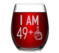 Livole Regalos de 50 cumpleaños para mujeres y hombres, 15 onzas sin tallo 49 Plus copas de vino con un dedo medio, vaso de vino único irrompible para mejor amiga, mamá, esposa, tía, compañero,