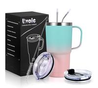 Livole Taza térmica de 600 ml con asa, taza de café al vacío, taza térmica de acero inoxidable con pajita y tapa, 20 oz de doble pared, vaso de viaje, taza de café para llevar, azul y rosa