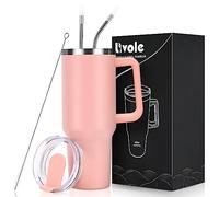 Livole Vaso térmico de acero inoxidable con asa de doble pared para llevar, 1200 ml, con tapa y pajita, para camping, deportes, coche, oficina, color rosa claro