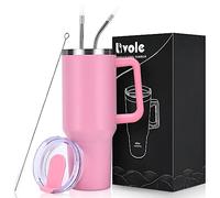 Livole Vaso térmico de acero inoxidable con asa de doble pared para llevar, 1200 ml, con tapa y pajita, para camping, deportes, coche, oficina, color rosa