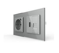 Livolo - Enchufe Schuko para empotrar con USB-C integrado y teléfono RJ11 con conector USB-A, enchufe de carga, conector de red, incluye marco de cristal (gris)