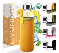 LIVONDO Botella de cristal de 0,5 l, con tapón de rosca de acero inoxidable y funda de neopreno, apta para lavavajillas (verano - caléndula)