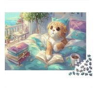 Livre de Lecture de Chat Sur le Lit Picture Puzzle 1000pcs Puzzles Pet for Teenagers Jeu Éducatif Défi Pour Adulte 52x38cm/1000pcs