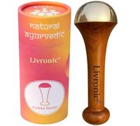 Livronic Varita Kansa para cara, cuerpo y pies con mango de madera de teca, varita pequeña Kansa con tapa de bronce para relajación profunda, 4,5 cm, marrón natural