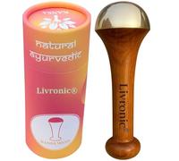 Livronic Varita Kansa para cara, cuerpo y pies con mango de madera de teca, varita pequeña Kansa con tapa de bronce para relajación profunda, 4,5 cm, marrón natural