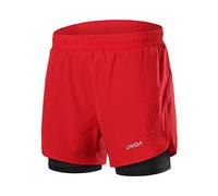 Lixada Hombres Pantalónes Cortos de Running 2-en-1, de Atletismo, de Fitness Maratón, Transpirable Pantalones+Secado Rápido (Rojo Negro, XXL)