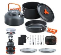 Lixada Juego de vajilla de camping de 16 piezas con hervidor de agua, olla de camping y sartén, platos, tenedores, cuchillos, cucharas para exteriores, senderismo, picnic, barbacoa, 2-3 personas