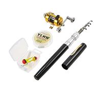 Lixada Mini juego de combo telescópico portátil de bolsillo con carrete de caña de pescar con línea de pesca, cebos, ganchos de plantilla, caja de señuelos suaves Negro