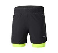 Lixada Pantalones cortos de correr 2 en 1 para hombre, de secado rápido, transpirables, con bolsillo trasero, forro más largo y elementos reflectantes, Negro y verde., M