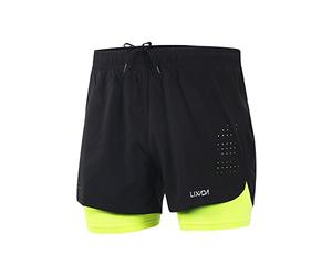 Lixada Pantalones cortos deportivos 2 en 1 para hombre de secado rápido [Transpirables] para correr, fitness, tenis, gimnasio, entrenamiento, jogging, ciclismo con forro más largo Grande Negro + verde