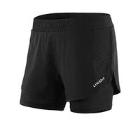 Lixada Pantalones cortos transpirables para correr 2 en 1 activos y de secado rápido con zapato interior más largo Grande Negro