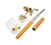 Lixada Reel Fishing Rod Combo - Set mini bolígrafo telescópico de bolsillo portátil con caña de pescar y bobina de aleación de aluminio, línea de pesca flexible Jig Hooks (oro)