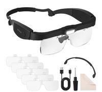 Lixara Gafas de Lupa con Luz Led, Dafas Lupa 2 Niveles de Brillo Ajustables | Gafas Lupa para Manualidades,Lupa Frontal con 5 Lentes Reemplazables,Ideal para Diamond Painting,Joyería,Pintura de Diamante