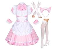 LIXIAAOOKWEDG Disfraz de sirvienta de gato blanco y negro para cosplay, uniforme de sirvienta, conjunto atractivo de camarera, rosa, talla XL