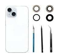 LiXiongBao 2 piezas 15 Plus lente de cristal de repuesto para cámara trasera iPhone 15 lente de cristal de repuesto para iPhone 15, resistente a arañazos e impermeable, viene con kit de reparación