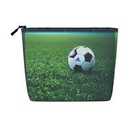 LIXLZH Bolsa de maquillaje portátil con estampado de pelota de fútbol sobre hierba, bolsa organizadora de maquillaje de una sola capa, bolsa con cremallera, color negro, talla única, negro, talla