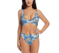 LIXLZH Conjunto de bikini de moda con estampado azul margarita para mujer, secado rápido, suave, playa, piscina, verano, vacaciones, actividades acuáticas, Negro -, XL
