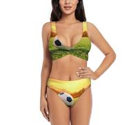 LIXLZH Conjunto de bikini de moda con estampado de fútbol para mujer, secado rápido, suave, playa, piscina, verano, vacaciones, actividades acuáticas, Negro -, S